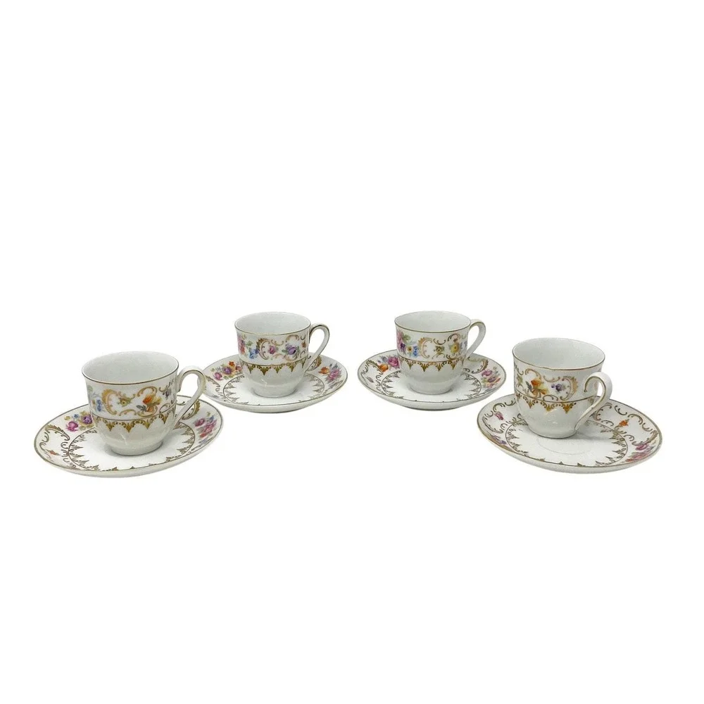 Vintage Bavaria Hand Painted Porcelain Teacup & Saucer Set White Gold Floral